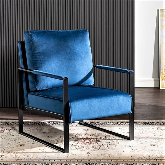 Classic Mid Century Modern Accent Chair with Square Metal e Armchair for Living Room Bedroom Home Office in Plush Velvet Upholstery Blue