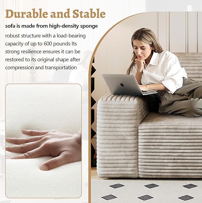 Boneless Sofa Compressed Sofa Couch in a Box Deep Seat Couch for Living Room Bedroom Conference Room Apartment Backrest Pillow No Assembly (Camel 71)