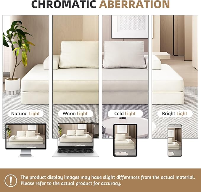 86.6 Convertible Sofa Bed with Chaise Lounge - Fluffy Chenille Fabric 2 Tumbler Backrests &amp Pillows Multi-Functional DIY Modern Upholstered Deep Seat Couch for Living Room &amp Office (Beige)