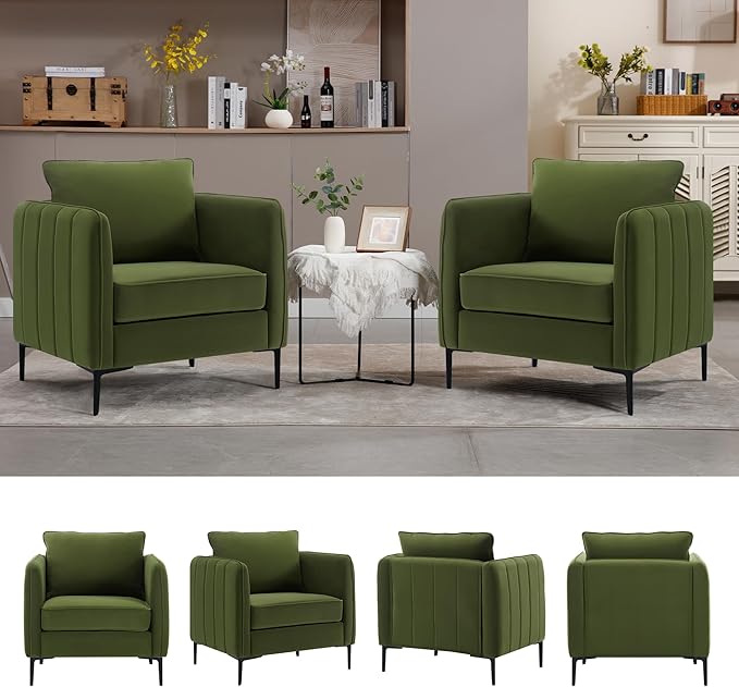 Olive Green Accent Chairs for Living Room Modern Upholstered Accent Chair Comfy Velvet Armchair with Thick Cushion Single Sofa/Side Chair for Bedroom Office Reading Chair