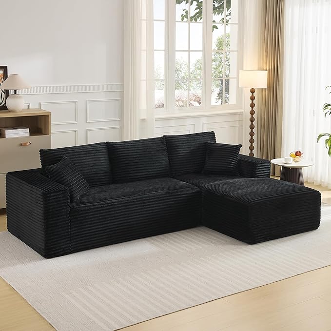 108 Cloud Sectional Couch with L-Shape Chaise Modern Modular Sofa with Deep Seat Boneless Cloud Couches for Living Room Bedroom No Assembly Required Plush Corduroy (Black Right Facing Chaise)