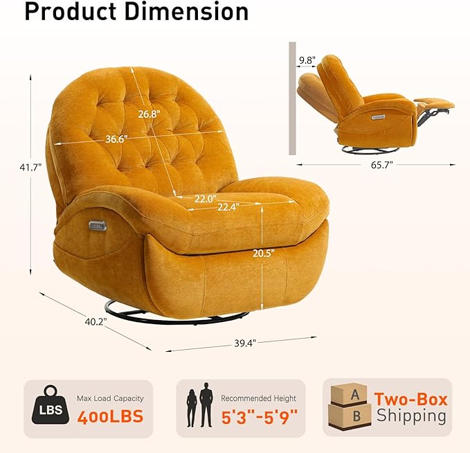 EONIX Stylish Power Swivel Rocker Recliner Chair for Living Room Rocking All Positions Dual Motor Independently Controlled Backrest and Headrest SXXY005021 Orange
