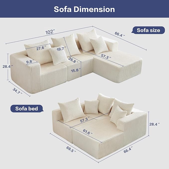 102 Sectional Couches for Living RoomBoneless Cloud CouchL-Shaped Sofa with Oversized Deep SeatComfy Couch for ApartmentCompressed Sofa in a BoxNo Assembly Required(CorduroyBeige)