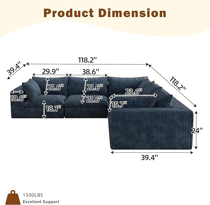118.2 Corduroy Boneless Cloud Sectional Couch for Living Room V-Shaped Corner Flexible Modular Sectional Couches No Assembly Required Thick Cushion Cozy Fluffy Sofa for Apartment(Blue) | Compress