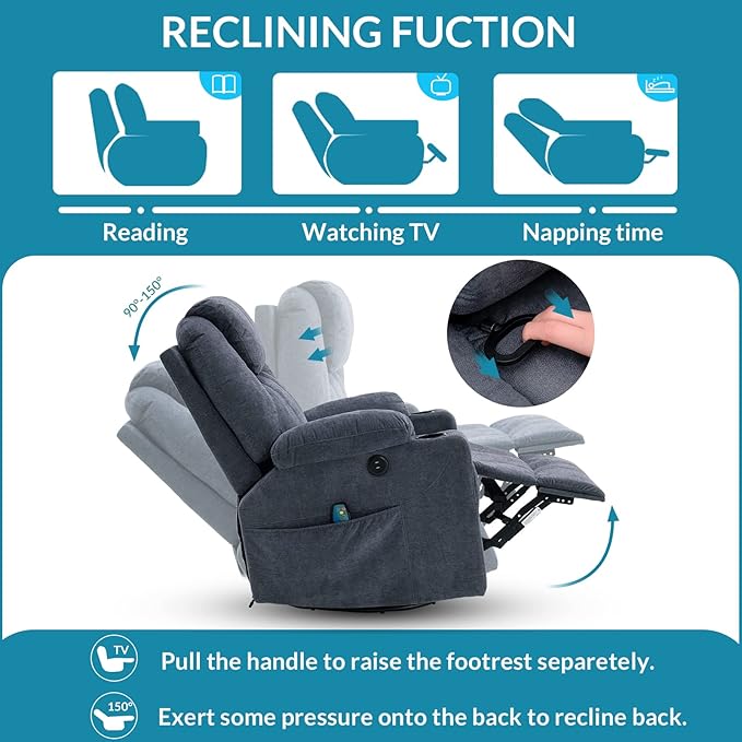 Manual Swivel Glider Rocker Recliner Chair with Massage and Heat 2 USB Ports 2 Cup Holders 2 Side Pockets and 2 Front Pockets Fabric (Grey-Blue)