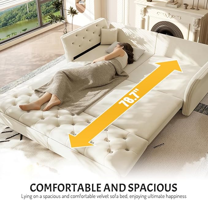 74.4'' Velvet Pull Out Sofa Bed Oversized Queen Sleeper Sofa with Handcrafted Floral Tufted Design 3-in-1 Convertible Sleeper Couch Tufted Deep Seat Couch for Living Room Apartment Beige