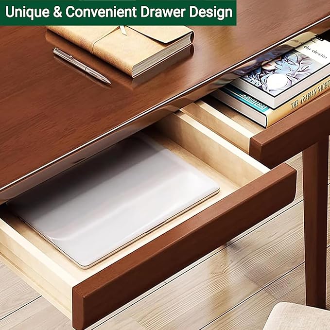Solid Wood Computer Desk with DrawersModern Home Office DeskWooden Writing Desk Curved Table Top Study Table(47inch Natural)