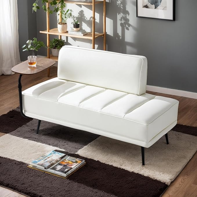 Anwick 55 PU Leather Small Sofa Loveseat Couch with Side Table Modern Upholstered Bed End Bench with Back for Bedroom Living Room Office Entryway (Beige)