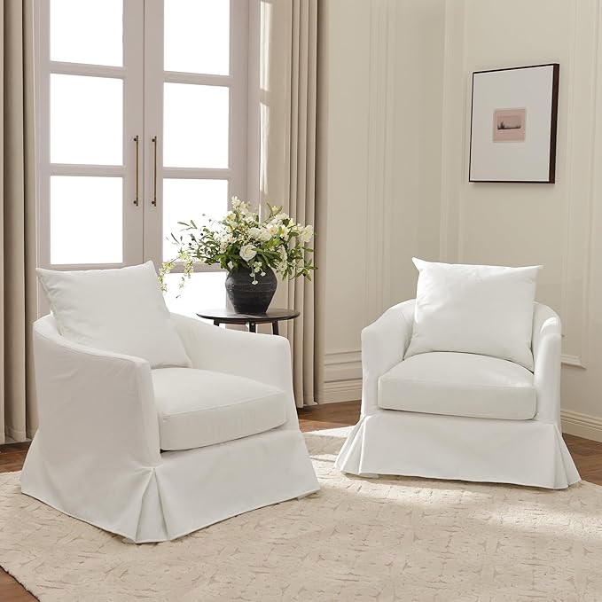KINWELL 32 Wide Upholstered Down Fill Slipcovered Swivel Barrel Armchair Set of 2 Modern Comfy Swivel Accent Chair with Pillow Back for Living Room Bedroom Fully Assembled (Pearl White)