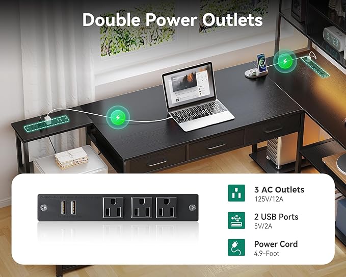 AODK 71 inch L Shaped Desk with 5 Drawers Reversible L Shaped Gaming Desk with LED Light &amp 2 Power Outlets Computer Desk with Storage Shelves for Home Office Black