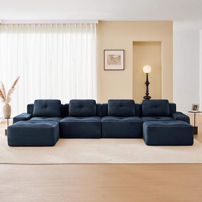 150.4'' Sectional Sofa 32D Foam Corduroy Boneless Couch with Pillow Deep Seat Wide Arm Sectional U Shaped Couch for Living Room Apartment Bedroom