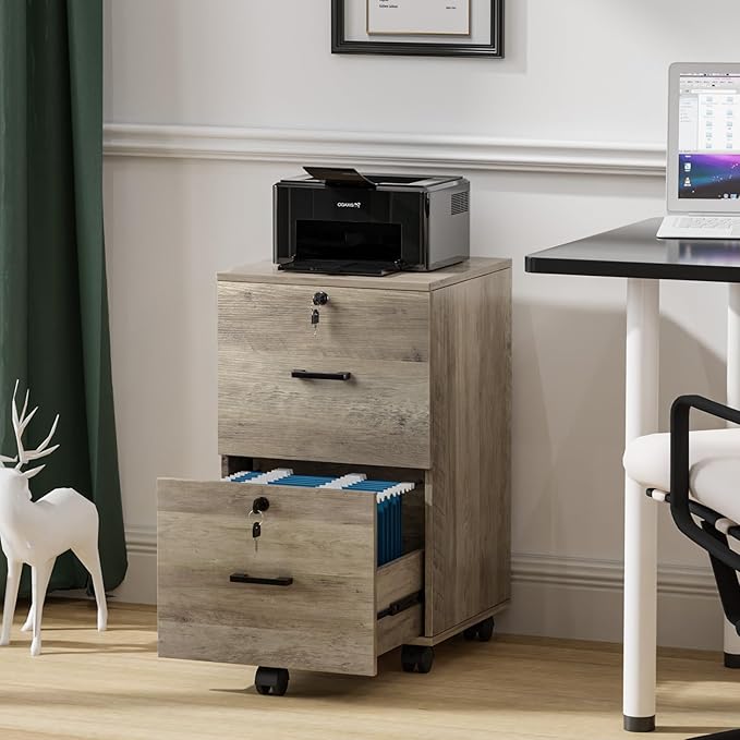 VINGLI 2 Drawer File Cabinet with Lock Wood Rustic Gray Filing Cabinet for Letter Size File Folders with Tabs Under Desk Rolling File Cabinets for Home Office Mobile File Organization Printer Stand