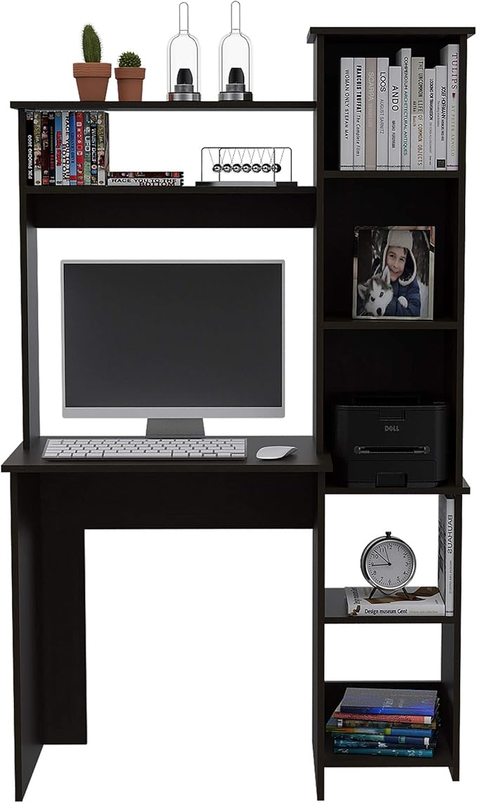 Bellemave Computer Desk with Hutch and Bookshelf Home Office Desks with 6 Storage Shelves Writing Study Desk Table Modern Compact Workstation Bookshelf Desk Black