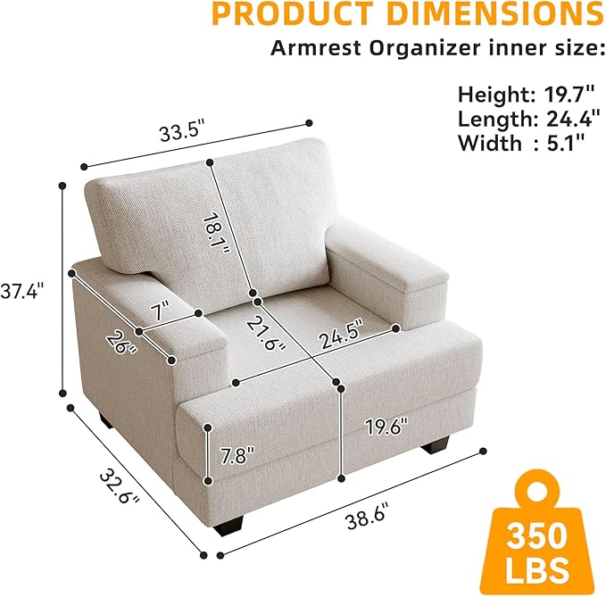 Oversized Accent Chair with Storage ArmrestComfy Living Room Chairs with 7.8'' CushionUpholstered Mid-Century ArmchairReading Accent Chairs for Bedroom Living RoomSingle Sofa Chair