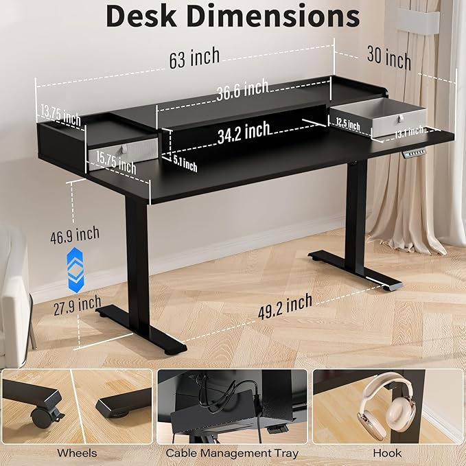 Kingant 63 x 30 Inch Electric Standing Desk with Dual Drawers Adjustable Height Computer Desk for Home Office Large Workstation Sit Stand Up Desk with Built-in Storage Shelf Black
