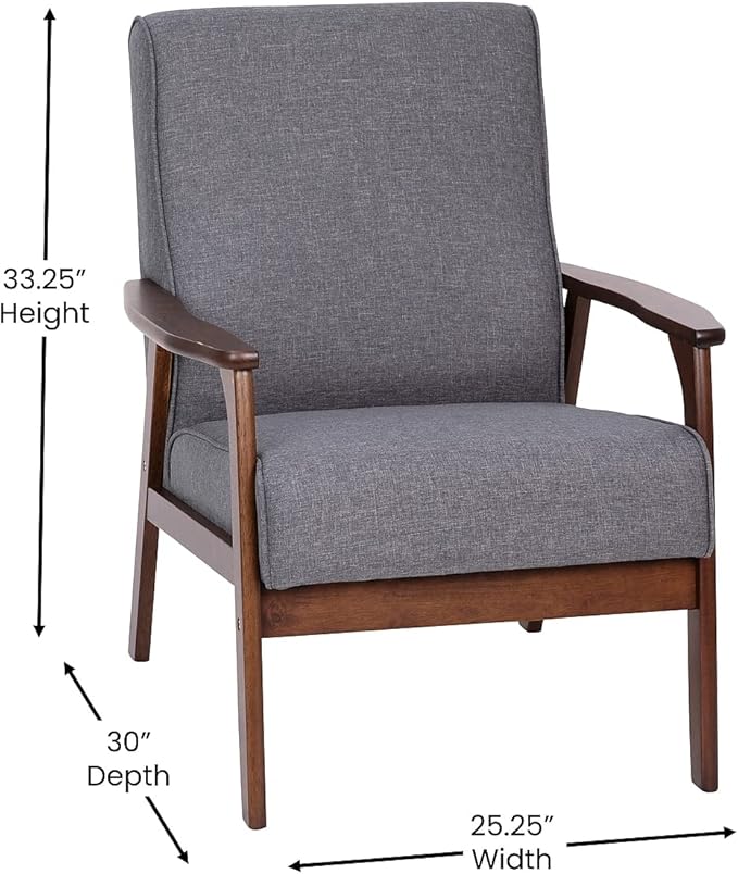 Flash Furniture Langston Commercial Mid Century Modern Chair - Gray Faux Linen Upholstery - Walnut Finish Wooden Frame and Arms - Extra Supportive Sinuous Springs
