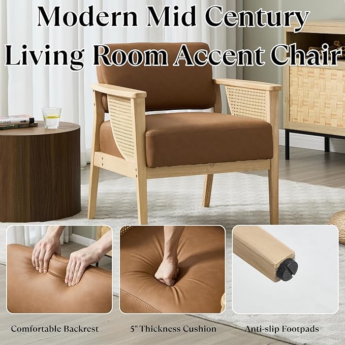 Mid Century Modern Accent Chair Rattan Armchair with Wood Legs Living Room Chair PU Leather Upholstered Lounge Chair for Bedroom Reading Room Brown