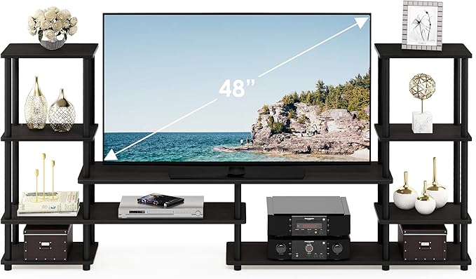 Furinno TURN-N-TUBE TV Stand Wide Open Frame Entertainment Center with Open Shelves Storage TV Console with Tall Side Shelves for TV up to 48 Inch for Living Room Bedroom Espresso