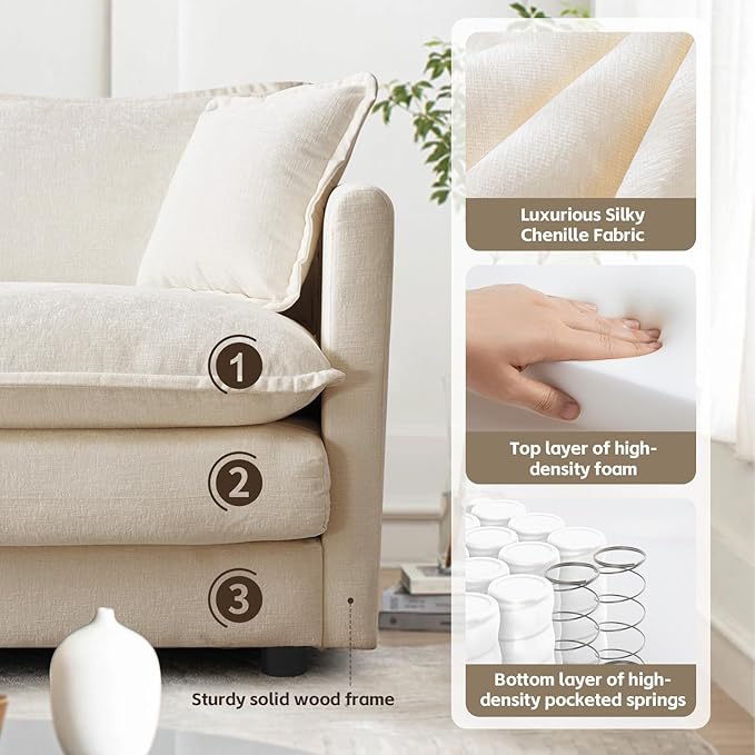 SoarFlash Chenille Sectional Sofa Comfy Modular Coush Sofa with Ottoman Modern 3 Seat Recliner Deep Seat Sofa Set for Living RoomLight Coffee