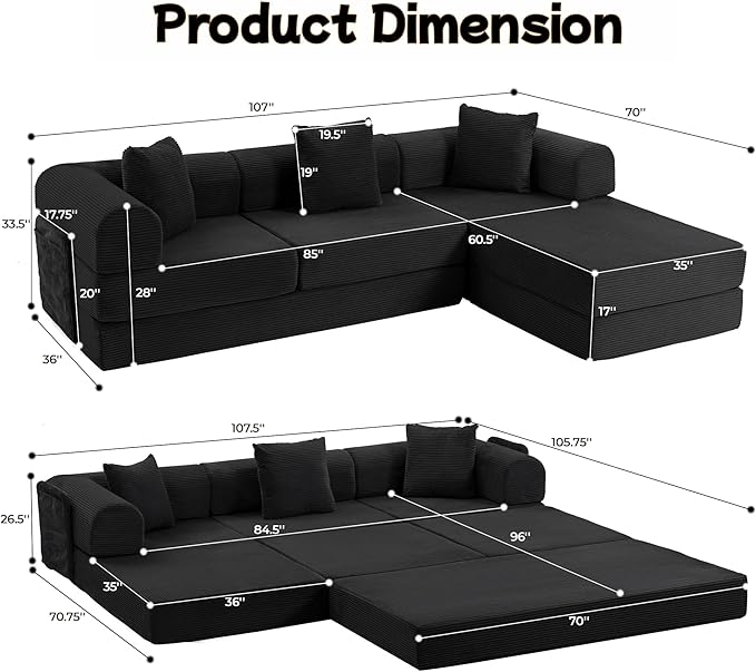 106.3 L Shape Convertible Sleeper Sofa Bed Oversized Modular Sectional Cloud Sofa with Fixed-Shape Frame &amp Storage Pocket Boneless Couch for Living Room No Assembly Required Black