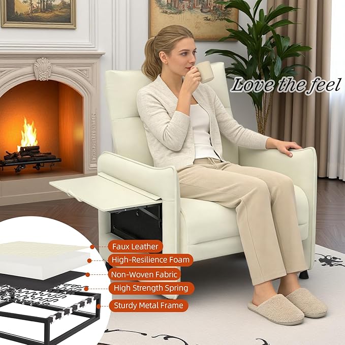 Faux Leather Accent Chair Sofa for Living Room with Flip-Up Tray Table Side Pocket Ergonomic Soft Backrest &amp Elastic CushionBeige