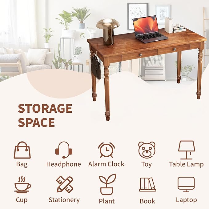 47 x 22 Inch Wooden Desk with Drawers -Simple Mid Century Modern Desk with 2 Hooks Solid Rubber Wood Study Table for Living Room Bedroom &amp Home Office Walnut Color