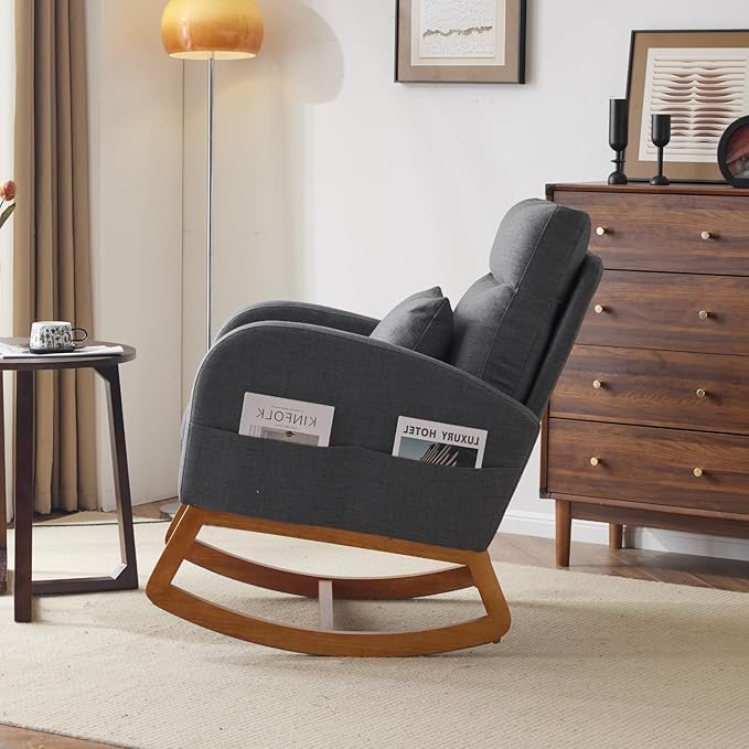 VINGLI Grey Linen Nursery Rocking Chair with Thick Headrest Upholstered Mid-Century Modern Nursing Rocker Glider with Curved Armrest Sturdy Solid Wood Base for Living Room Bedroom Baby Room