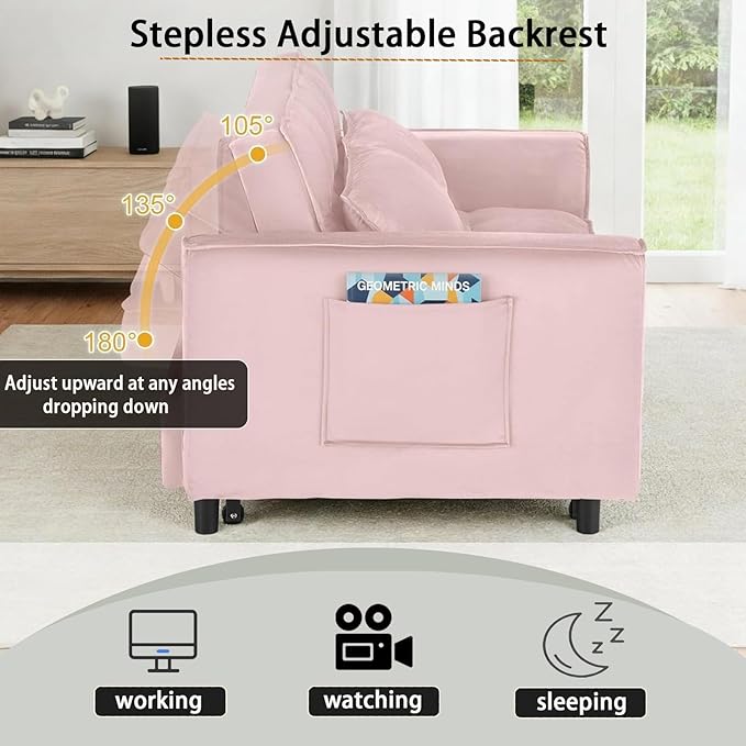3 in 1 Folding Convertible Sofa Bed 55'' Pull Out Couch Bed with Side Pocket Velvet Fabric Loveseat Sleeper Sofa with Adjustable Backrest Easy AssemblyPerfect for Living Room Pink
