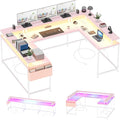U-Shaped Computer Desk Reversible L-Shaped Gaming Table Large Corner Table with LED Light Strip Power Outlet Monitor Stand Storage Shelf for Home Office Dorm Sturdy Writing Workstation