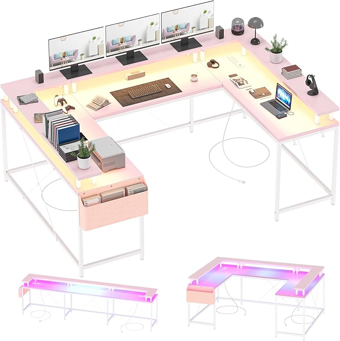 TrailBlaze U-Shaped Computer Gaming Desk Pink with Power Outlets LED Strip &amp Monitor Stand Office Desk with Storage Shelves &amp Bag Reversible L-Shaped Design