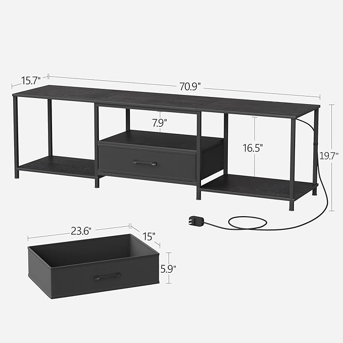 TV Stand with LED Lights Entertainment Center with Open Shelves and Fabric Drawer Media Console for 80 Inch TV Television Stands for Living Room Bedroom Black