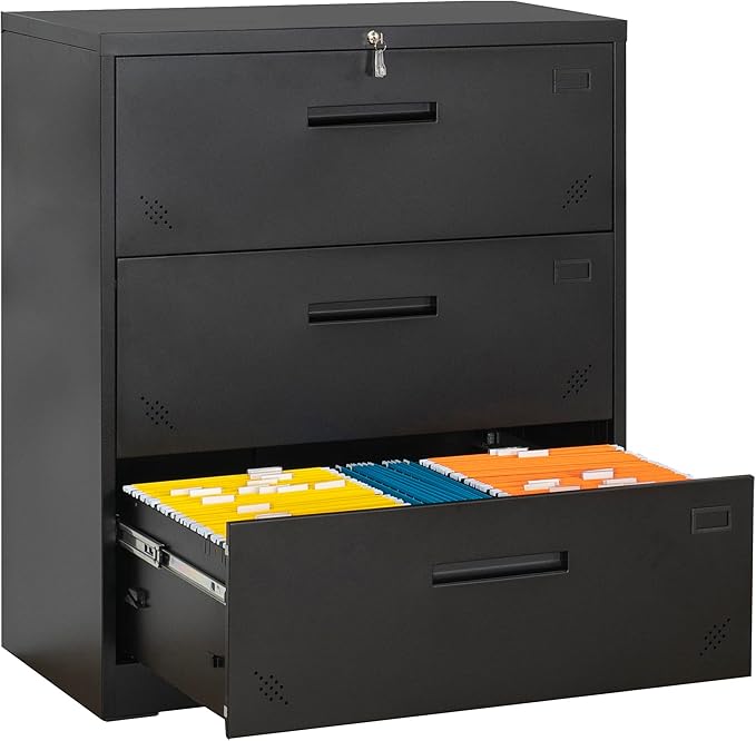 Generic 3 Drawer Lateral Filing Cabinet for LegalLetter A4 Size Large Deep Drawers Locked by Keys Locking Wide File Cabinet for Home Office Metal Steel Black