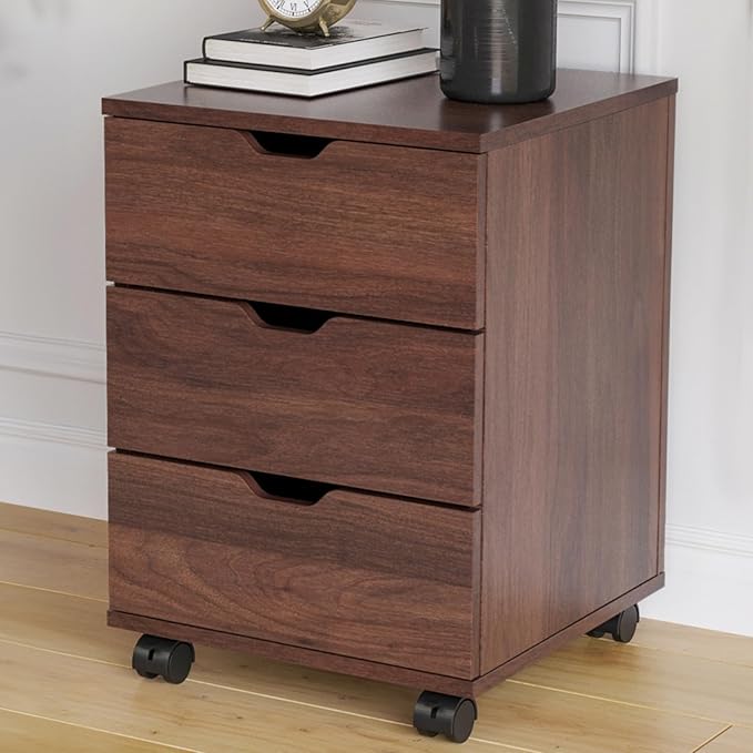 Hassyee 3-Drawer Vertical Filing Cabinet with Compact Storage Solution Rolling Wood Mobile File Cabinets with Four Casters for Home and Office (Brown-1)
