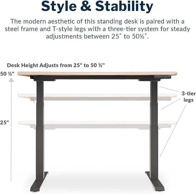 Vari Ergo 54x26 Electric Standing Desk – Height Adjustable Sit Stand VariDesk + Curved Waterfall Edge 4 Memory Settings Quick Assembly Cable Management 200 lb Capacity – Light Wood (2 Boxes)