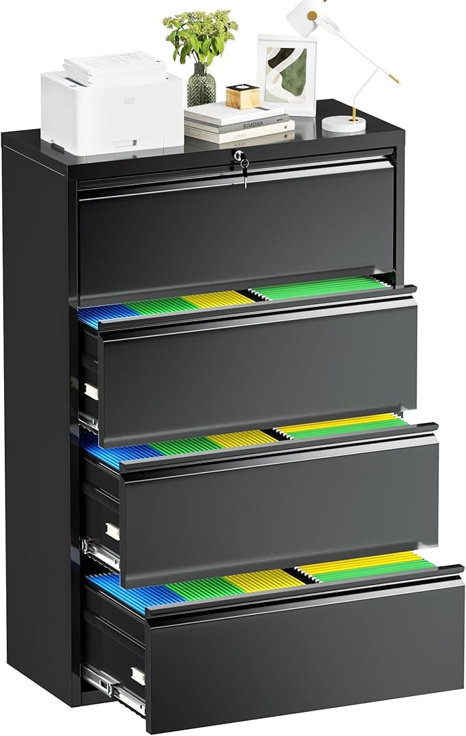 Bonusall 4 Drawer Lateral File Cabinet with Lock Locking Metal lateral Filing Cabinet for Office Steel lateral File Cabinet Large Horizontal File Cabinet Locked by Keys-Black