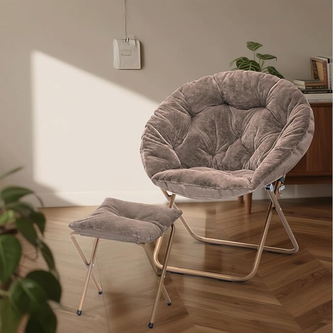 Cozy Saucer Chair Living Room Chair Faux Fur Soft Thick Padded Folding Chair Comfortable Moon Chair for Living Room Bedroom Reading Nook Modern Style Light Brown