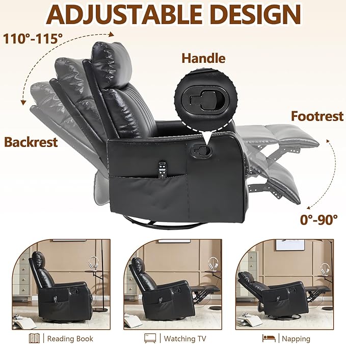 Massage Recliner Chair with Heat Slim Recliners for for Adults Swivel Rocking Chair Recliner with High Back Small Recliner Chair for Small Spaces Living Room Adjustable Footrest (Black)
