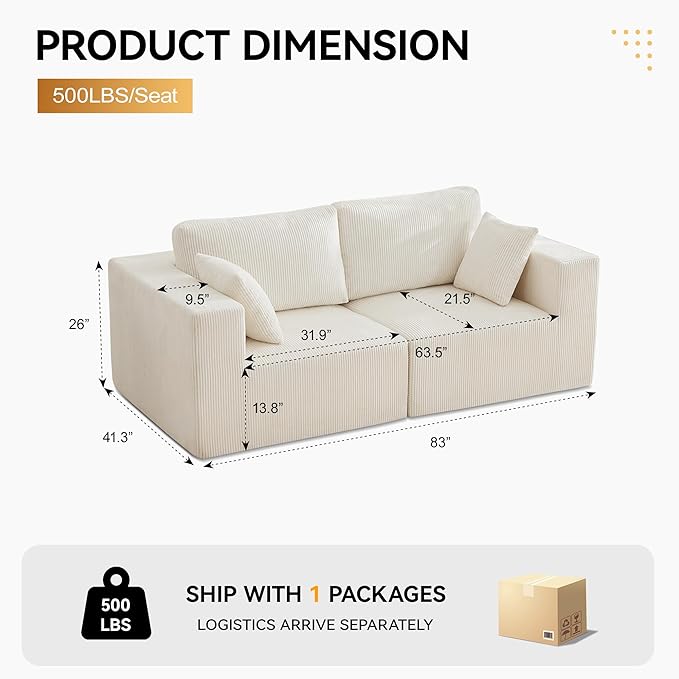 83'' Boneless Loveseat Sofa Comfy Deep Seat Sectional Cloud Couch No Assembly Corduroy Love Seat for Living Room Beige