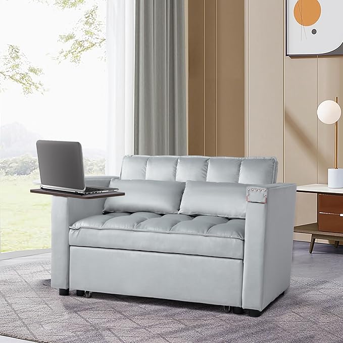Velvet Convertible 3 in 1 Sleeper Sofa Bed Small Upholstered Loveseat Pull Out Couch Multi-Functional Sleeper Futon with Hidden Table and Adjustable Backrest for Living Room (Gray)