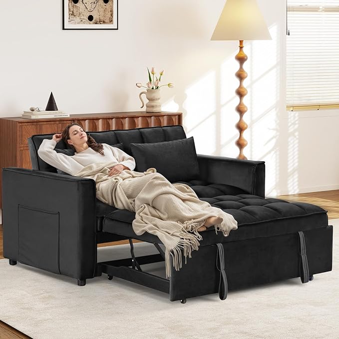 ANJ 3 in 1 Convertible Sofa Bed Pull Out Futon Loveseat Sleeper Sofa Couch with Adjustable Backrest Storage Pockets 2 Pillows for Living Room Bedroom