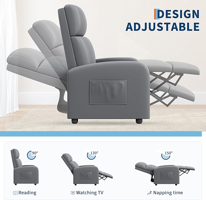 Recliner Chair Lazy Recliner Sofa for Adults Adjustable PU Leather Single Chair with Tall Back Wide Arms &amp Side Pocket Padded Home Theate Living Room Seating