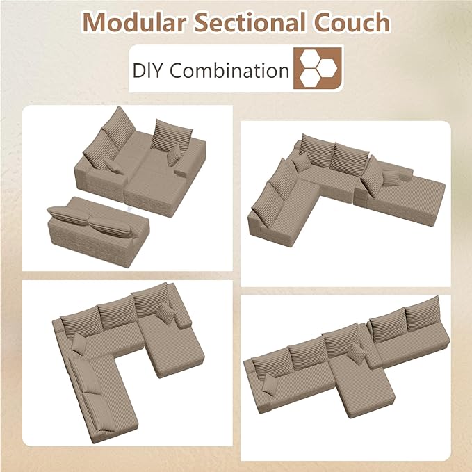 Cloud Modular Sectional Sofa for Living Room167x69.7 Oversized L-Shaped Couch with 7 PillowsBig Comfy Couches SetFluffy Deep-Seat Corduroy Sofa with ChaiseNo Assembly (CamelRight-Facing Chaise)