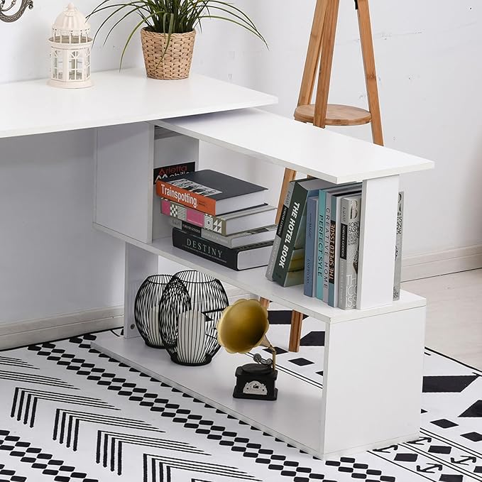 L-Shaped Corner Desk with 360-Degree Swivel Design and Storage Shelves Home Office Desk Writing Table Workstation (White)