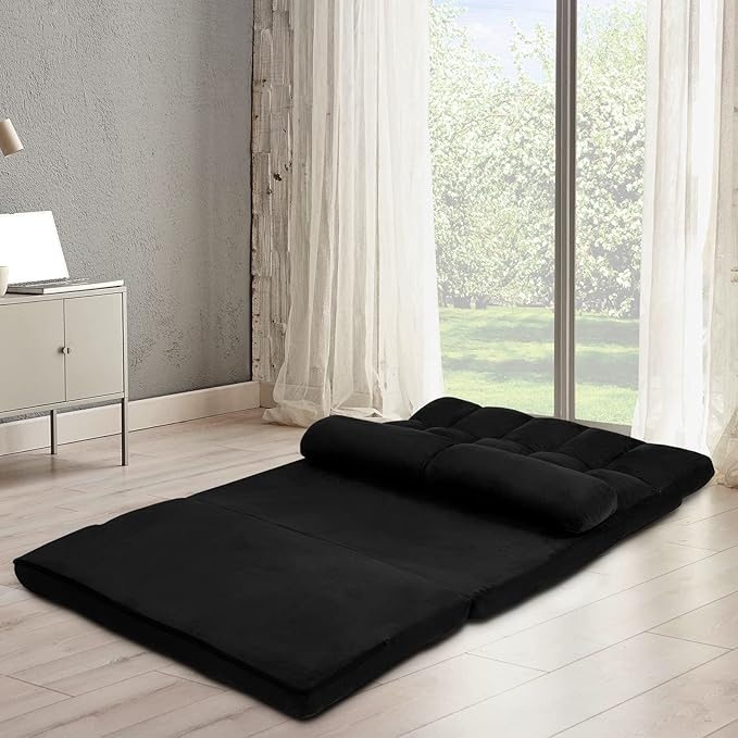 COSTWAY Floor Sofa Couch with 2 Pillows Foldable 6-Position Adjustable Lazy Sofa Bed Sleeper with Metal Frame Soft Suede Fabric Gaming Playing Lounge Recliner for Adults (Black)