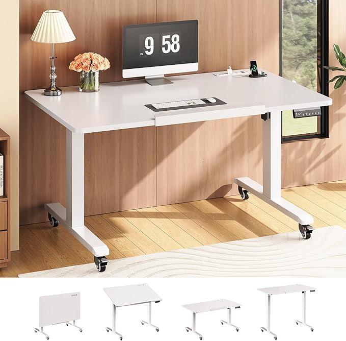 SEDETA 47 x 24 Inches Electric Standing Desk 180° Tiltable Mobile Rising Computer Desk Height Adjustable with Wheels for Drawing/Writing/Gaming/Study/Home Office/Small Space White