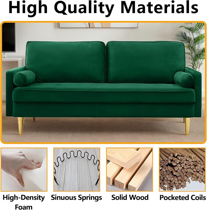 65 Inch Green Velvet Couch Small Loveseat Sofa &amp Office Sofa for Small Space Couch for Bedroom Livingroom 2 Pillows Gold Legs Tufted Seat (Green)