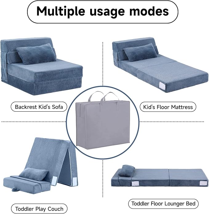 Tiita Convertible Folding Kids Sofa Bed with Pillow &amp Storage Bag Plush Fabric Floor Mattress Couch Bed Washable Cover Kids Room Playroom Dorm Apartment Blue Grey