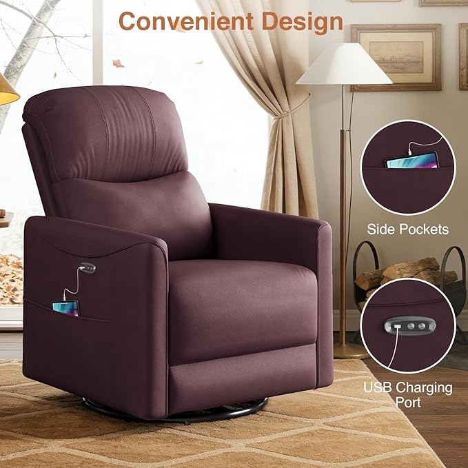 Kidirect Power Swivel Rocker Recliner 360° Swivel Recliner Chairs for Nursery Pu Leather Power Recliner Chair with USB Port and Side Pocket Electric Glider Rocking Chair for Living Room