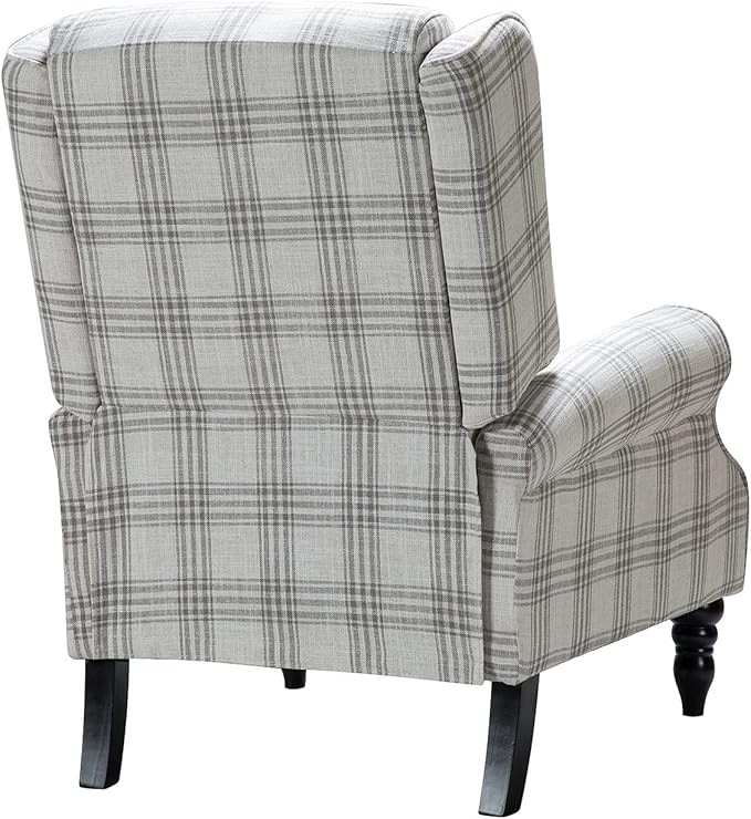 HULALA HOME Upholstered Wingback Recliner Chair Small Adjustable Footrest Push Back Single Reclining Sofa Mid Century Modern Lounge Armchair for Living Room Bedroom Reading/Plaid Grey