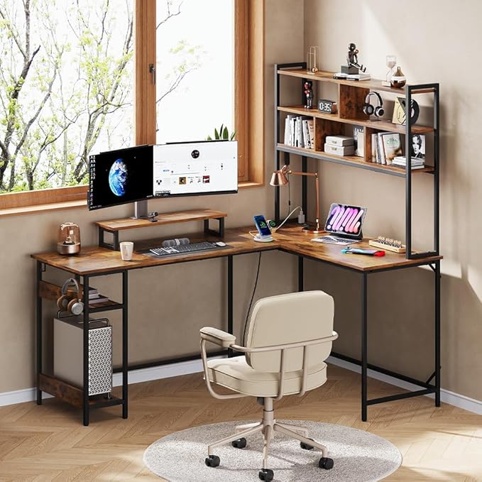 DEVAISE L Shaped Gaming Desk with Hutch Reversible Computer Desk with LED Light 3-Tier Shelves 2 AC+2 USB Outlet and Monitor Stand Corner Desk with Storage for Home Office (Rustic Brown 66 Inch)